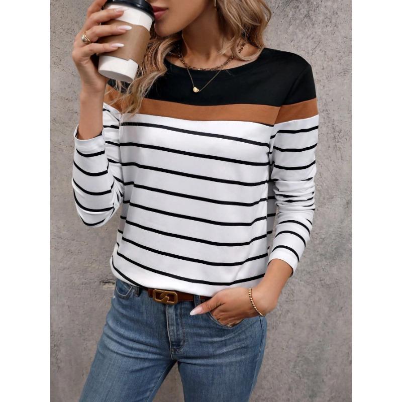 Women's T-shirts 3D Stripe Color Block Print Fashion Long Sleeve Round Neck Regular Top Holiday Weekend Spring and Autumn