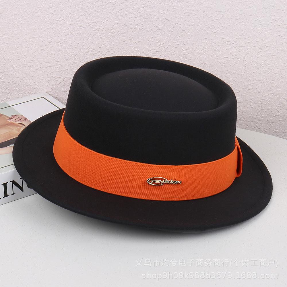 Autumn and Winter French Flat-brimmed Woolen Flat-top Top Top Hat Female British Show Small Face Simple Temperament Elegant Celebrity Style Jazz Hat