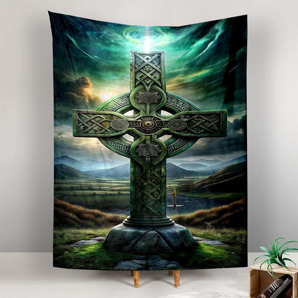 Celtic Cross with Scenic Landscape Design Patterned tapestry for bedroom and living room home decor