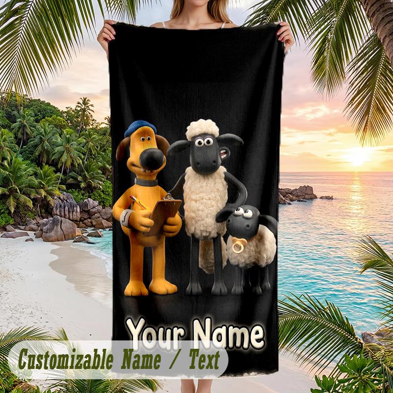 Shaun the Sheep Beach Towel, Personalized Custom Text, Quick Dry Soft Large Towel For Swimming Pool Travel