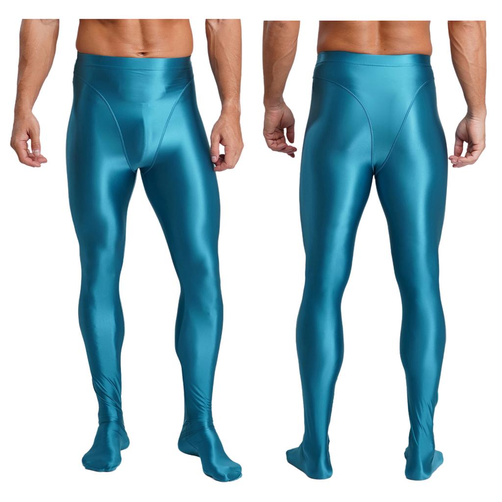 Mens Glossy Stretchy High Waist Fake Two Piece Tights Pants Leggings Yoga Wear