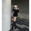Pure Desire Spice Girl Off-the-shoulder Black Mesh Long-sleeved Dress, Early Autumn New Models Show Tight Figure, Hip-wrapped Short Skirt Women