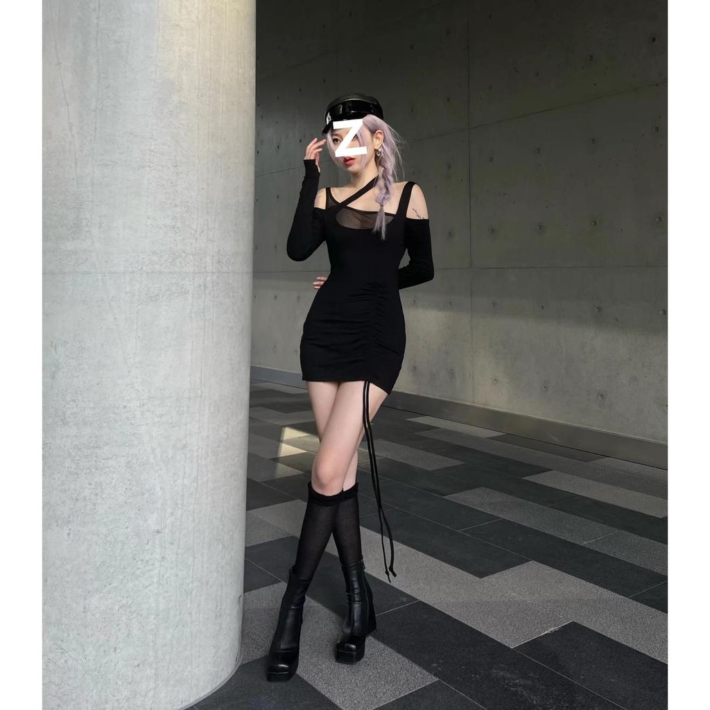 Pure Desire Spice Girl Off-the-shoulder Black Mesh Long-sleeved Dress, Early Autumn New Models Show Tight Figure, Hip-wrapped Short Skirt Women
