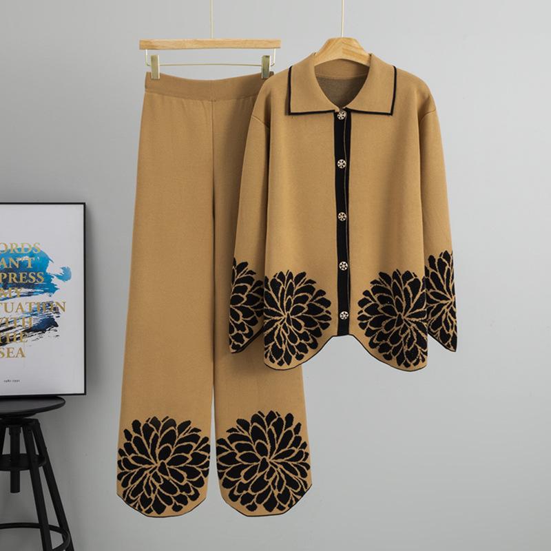 Women s Rhinestone Floral Jacquard Cardigan & Wide-Leg Pants Set One Size