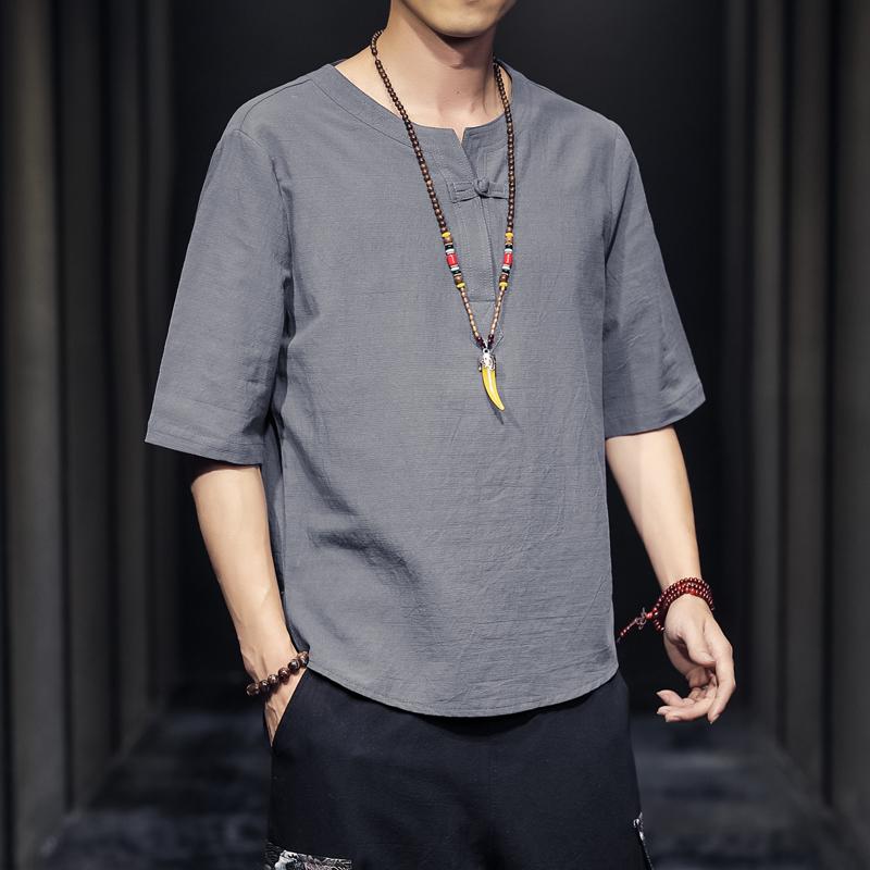 

Men s Summer Cotton Linen Tang Shirt Men Chinese Style Button Short-Sleeved Shirts Male Blouse Vintage Kung Fu Hawaiian Shirt S