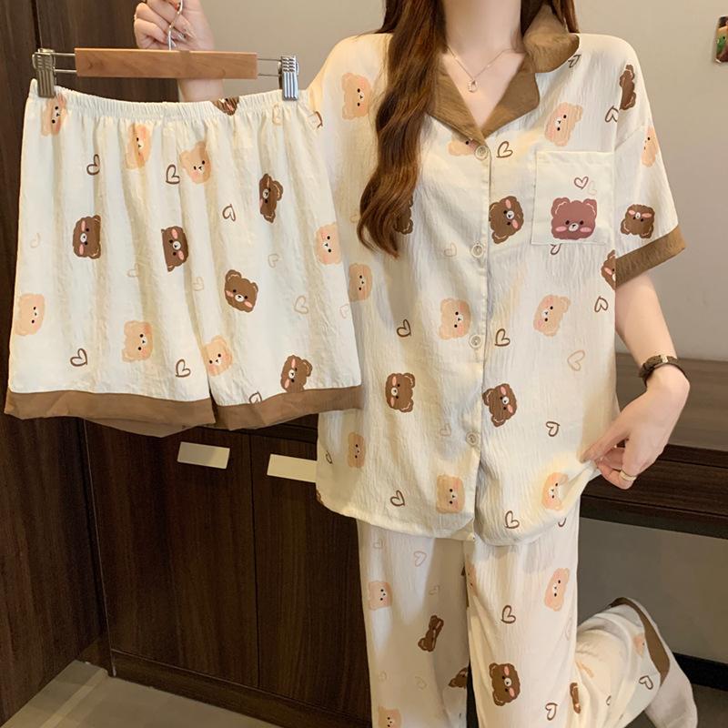 Bear Cartoon Cloud Cotton High Value Summer Women'S Loungewear Pajamas Short Sleeves Three-Piece Set