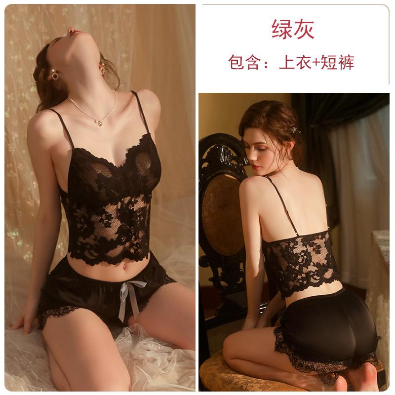 Women's Lace Sheer Deep V Cami Sleepwear with Tie Robe for Summer