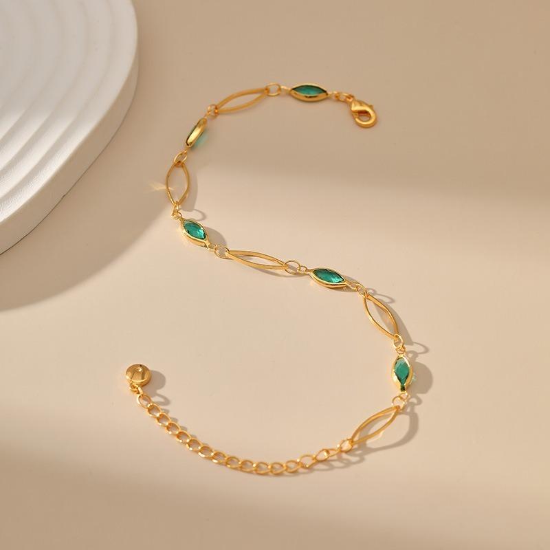 Women Gold Plated Green Glass Diamond Hollow Chain Handmade Bracelet