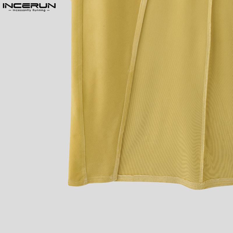 INCERUN Men Turtleneck Sleeveless Ribbed Splits Tops High Low  Long Tunic T-shirts
