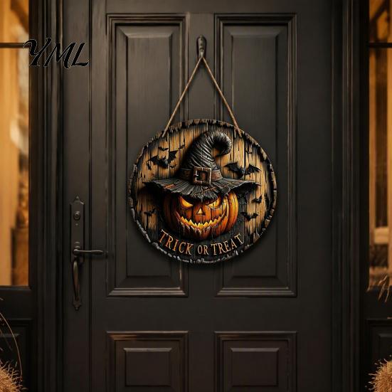 Halloween Party Home Ornament Witch Hanging Sign, 8" Round Wooden Door Autumn Forest Front Decor Witches Rustic Holiday Sign for Porch Decoration Gift