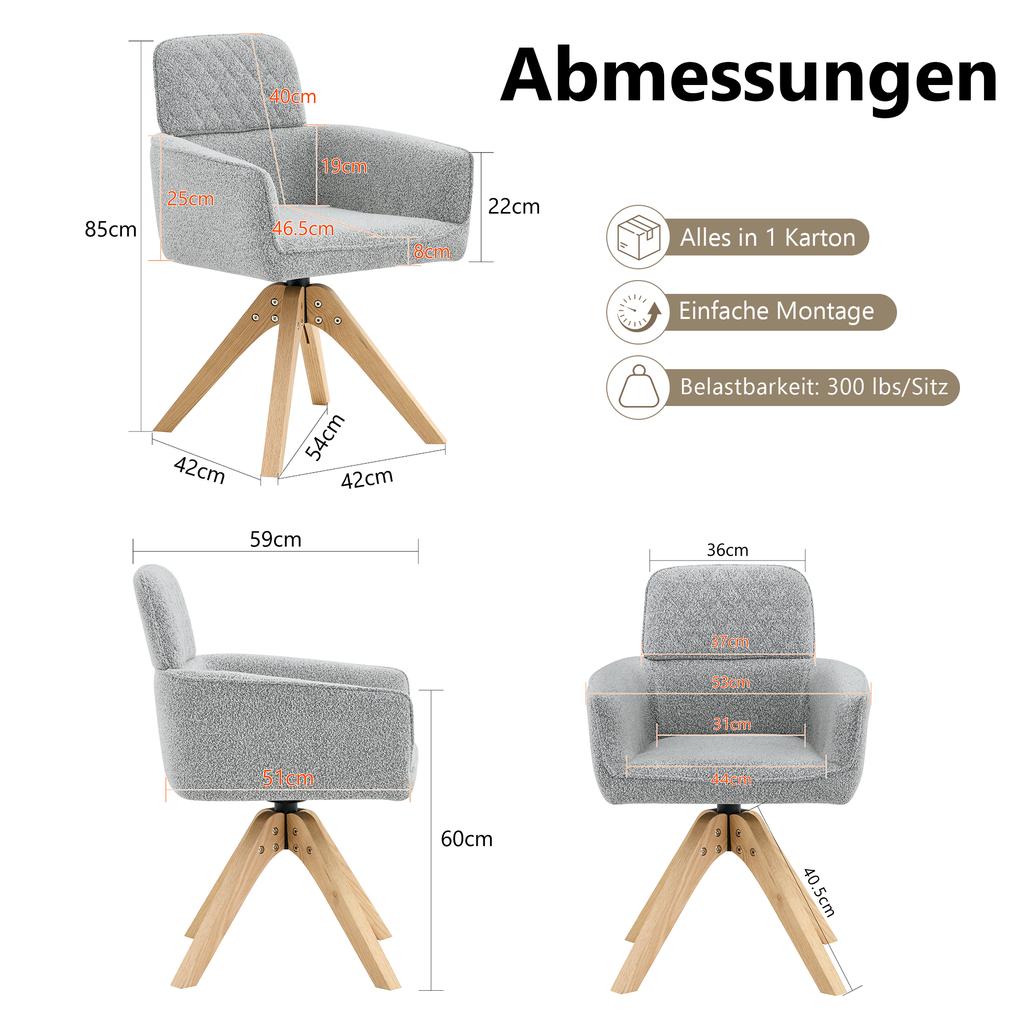 Set of 2 Wabi-Sabi dining chairs (360 degrees rotatable) – Grey diamond-pattern fabric, solid wood legs