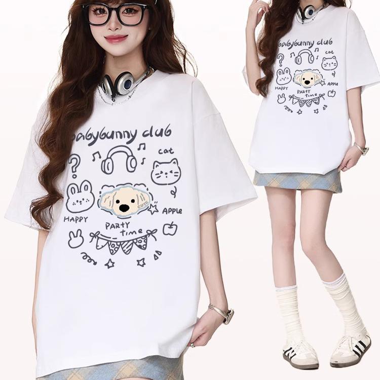 harajuku Round Neck oversize Casual Y2K Tops young girl t shirts 2025 summer pure cotton Women funny cartoon Print T-Shirt streetwear