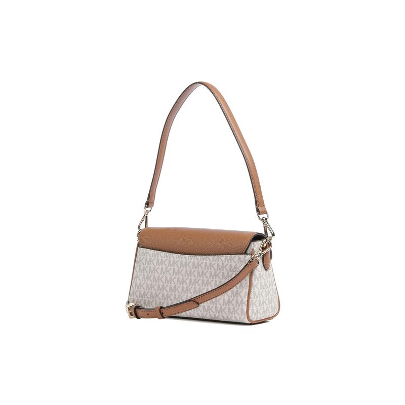 Michael Kors Fleur Solid Color Logo Lock Flap Closure Cowhide Baguette Hand Shoulder Bag Women's Vanilla and Brown