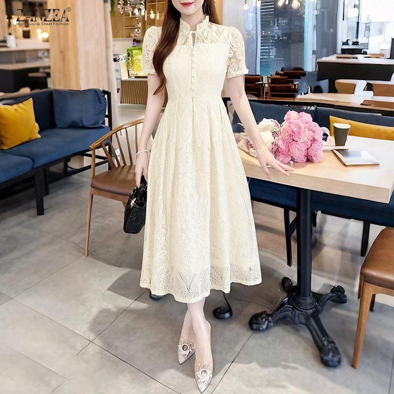 ZANZEA Women V-Neck Short Sleeve Casual Lace Dress