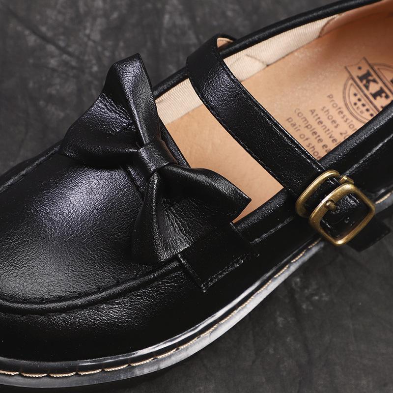 Mode Ledergürtel Dekorative Schleife Dicksohlige Loafer Retro Nostalgisch Rindsleder Flach Damen Studentenstil Japanischer und Koreanischer Stil