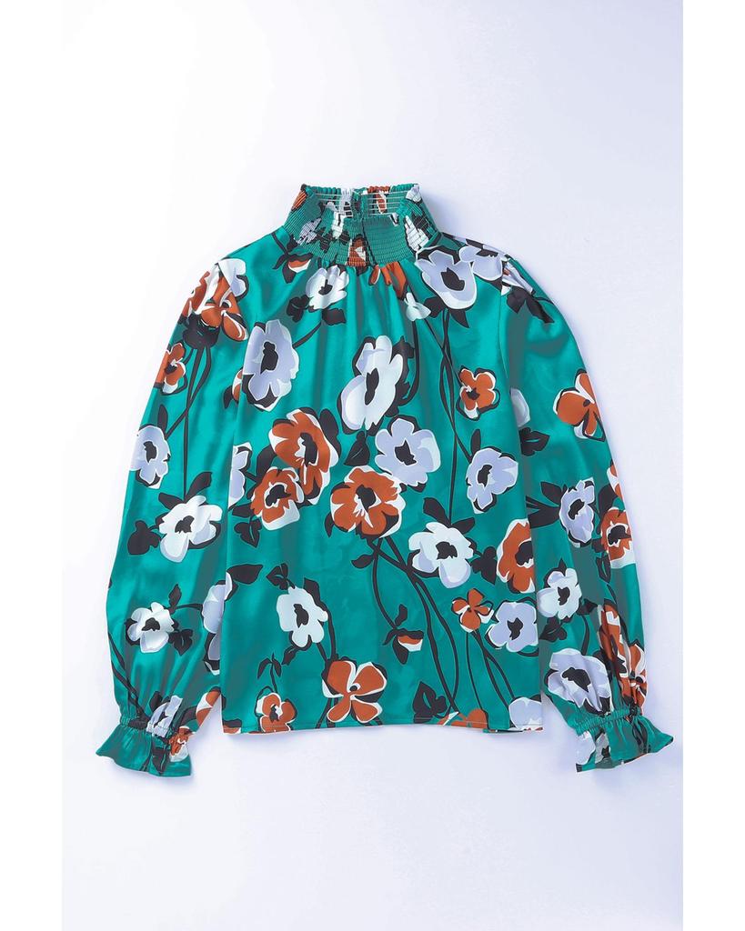 Azura Exchange Printed Smocked Mock Neck Blouse