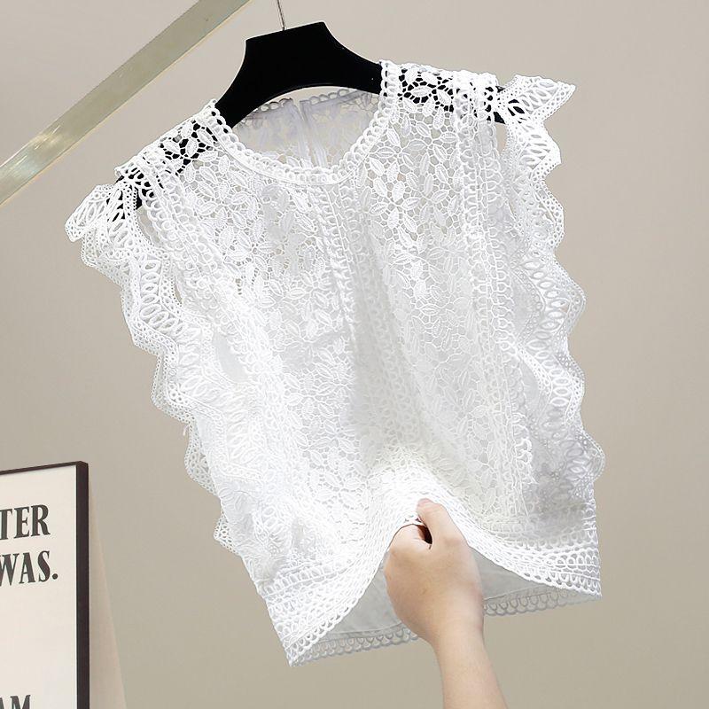 

Fashion Crocheted Cut Out Wave Pattern Ruffles Patchwork Flying Sleeves Water Soluble Lace Tops Western Style Slimming Trendy Shirt White M