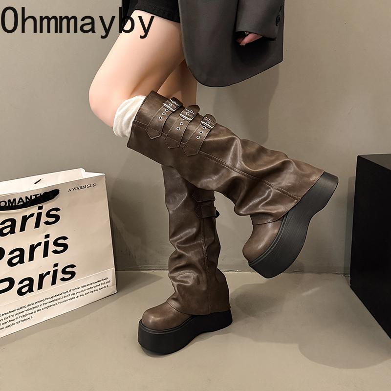 Punk Style Women Mordern Long Boots Fashion Platform Height Increase High Knight Booties Winter Shoes  De Mujer