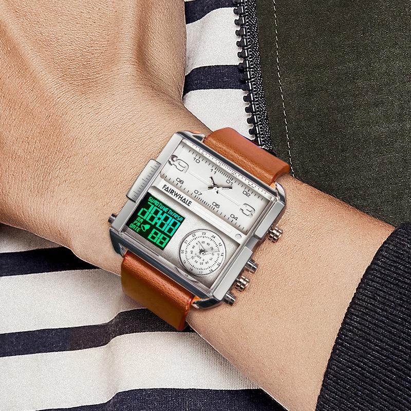Mark Fairwhale Men's Geometric Retro Square Watch with Genuine Leather and Alloy