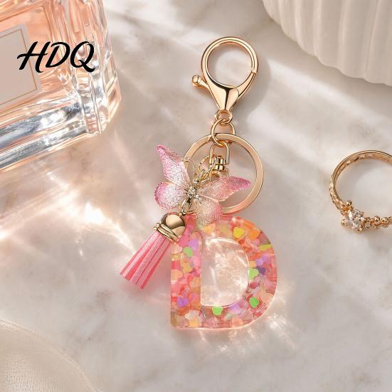 Compact Keychain Pink Series Pendant Sequins Heart Initial Letter Charm Key Chain