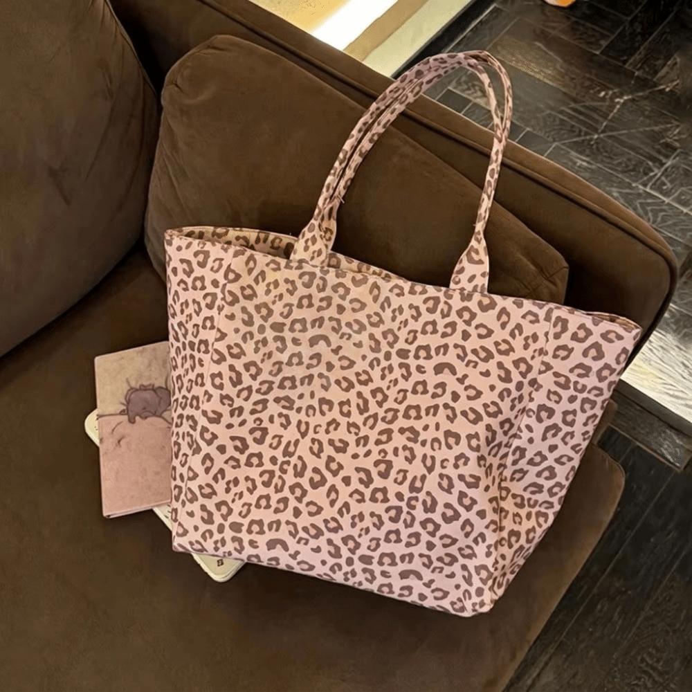 Pink Canvas Tote Bag Cloth Nylon Handbag Fashion Leopard Print Shoulder Bag Girl