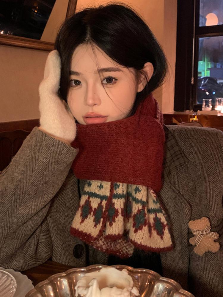 Women Winter Knitted Scarf Headscarf Ladies Casual Red Print Warm Scarve Mujer Foulard Wrap Shawl New Christmas New  Gifts
