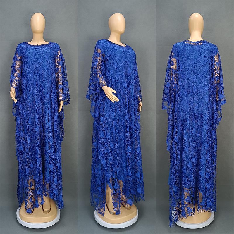 

Plus Size African Women s Loose Long Robe Dress with Water Soluble Lace & Short Sleeves One Size