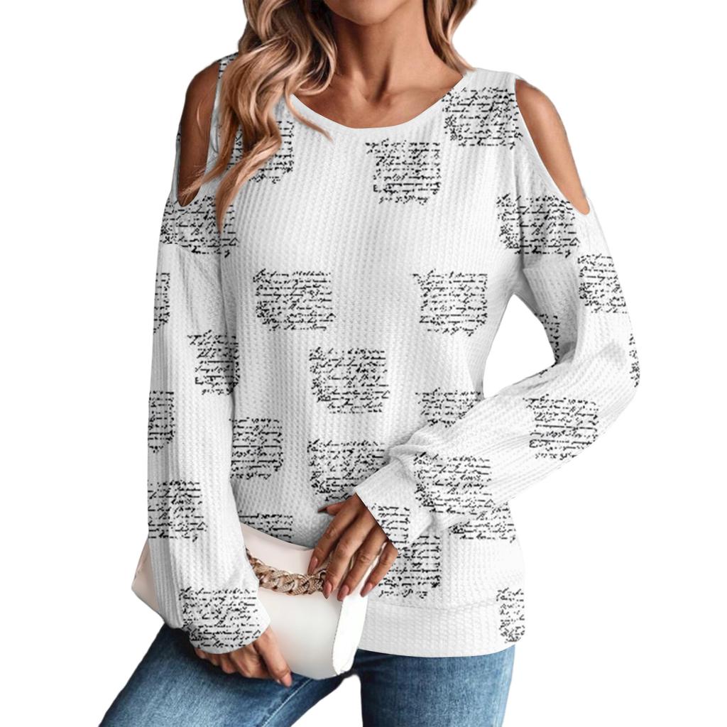 Women's Winter Oversized T-Shirt Fashionable Off-the-Shoulder Round Neck Vintage Floral Print Pullover Long-Sleeved Top