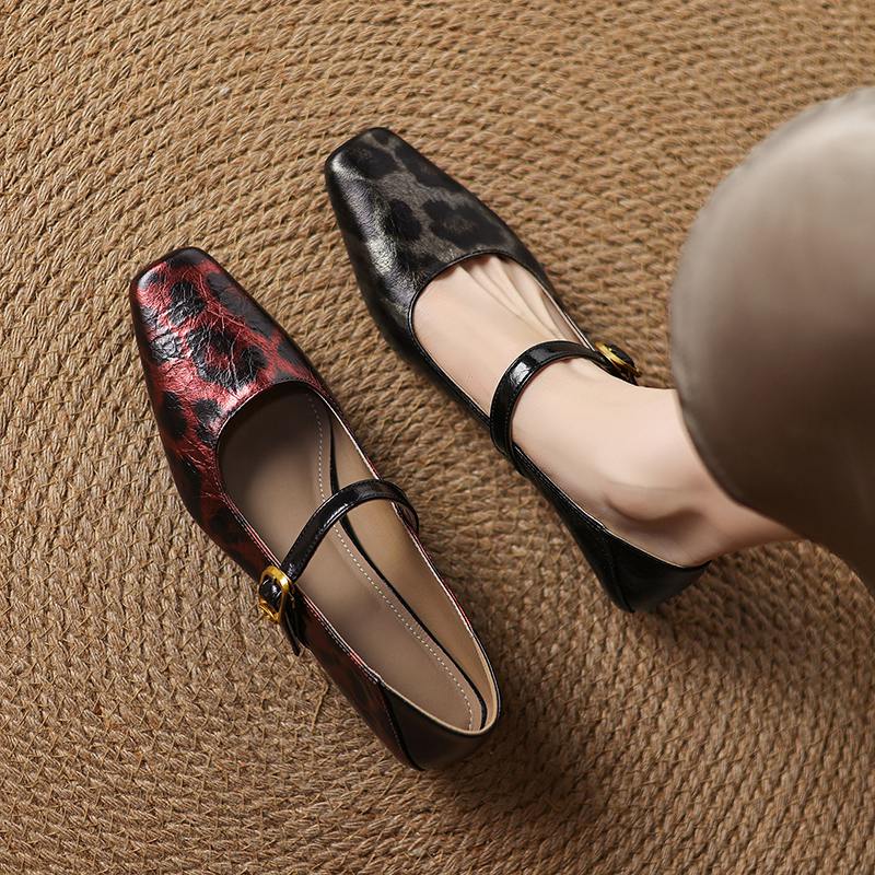 Krazing Pot Cow Skin Spring Summer Size 41 Thick Low Heels Women Square Toe Leopard Metal Buckle Shallow Pumps