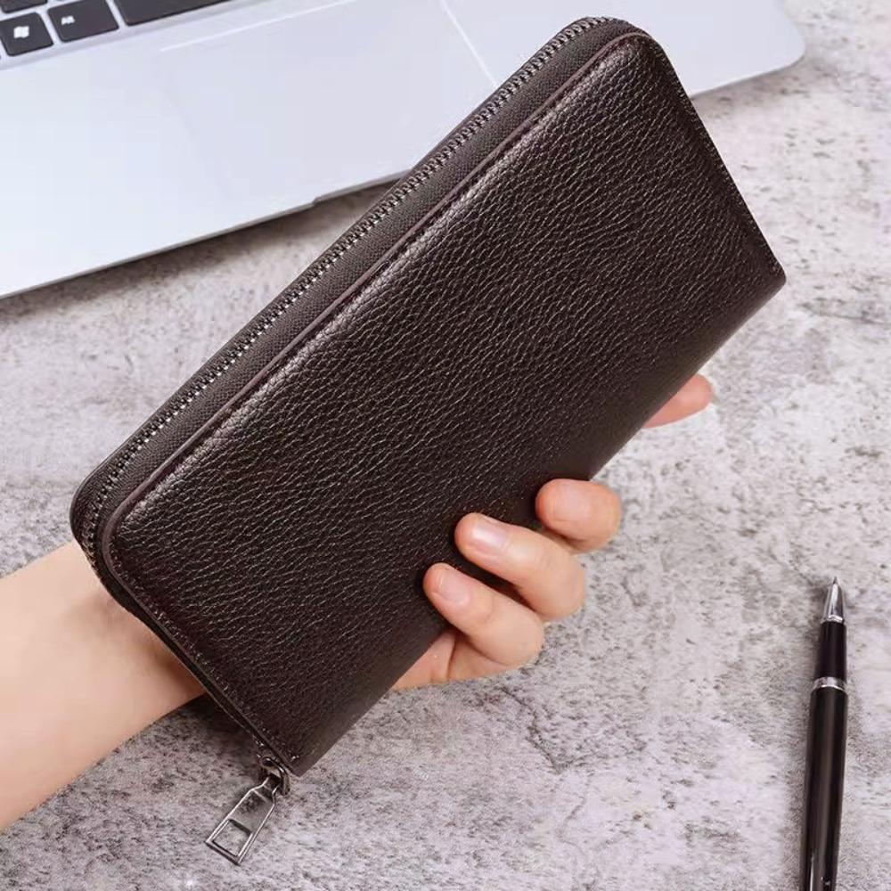 

Fashion PU Leather Long Wallet Large Capacity Zipper Card Holder Solid Color Money Bag Men темный кофе