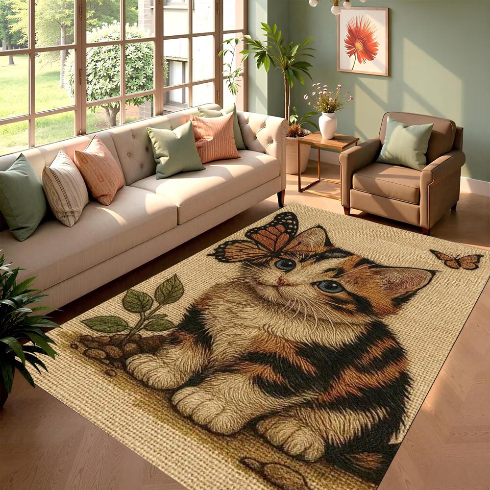 Niedliches Katzenstickerei-Muster Teppich Rutschfest Weich Langlebig Waschbar Fußmatte Dekor Teppich für Wohnzimmer Schlafzimmer Heimdekoration