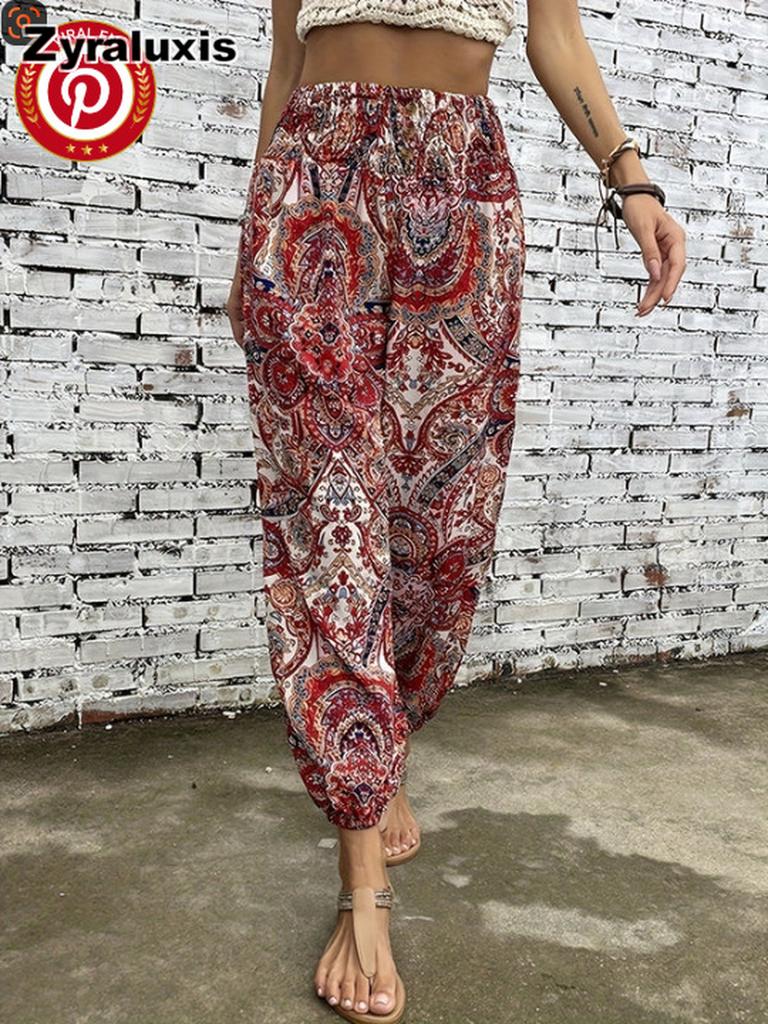 Ethnic Pattern Printed Pants Bohemian High Waist Long Trousers