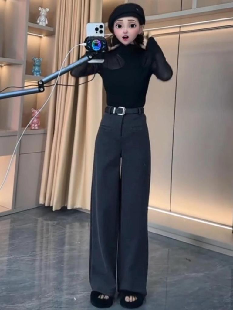 Women's Wool Wide-Leg Pants: Spring/Fall Loose Fit, Straight-Leg, Slimming Pockets with Velvet for Winter.