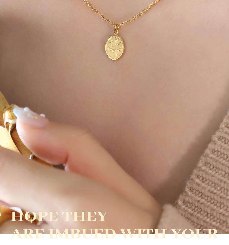 Leaf Oval Pendant Necklace for Women - Gold Plated, Fade-Resistant Titanium Steel