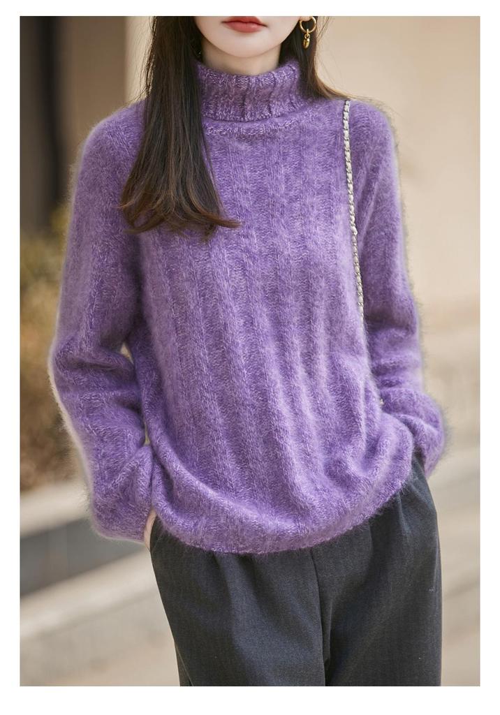 Women's 95% Wool Cashmere High-Neck Oversized Sweater - Brushed Yarn Knit Base Layer for Autumn/Winter