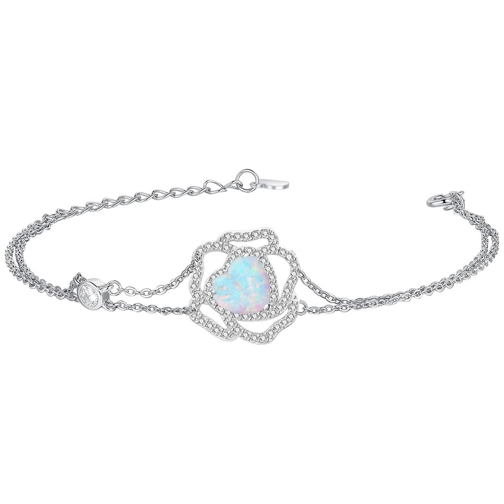 KIMIEVOL Opal October Rose Jewelry Gift Wrapping Included Women's "Rose Amour" Bracelet, Birthstone, Motif, Platinum-Plated Silver, Accessory,