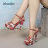 Fashion 13CM High Heeled Sandals Flower Print Ankle Strap Women's Platform Sandalias Fashion Party Dress Tacones Size 34-43 Heels Women