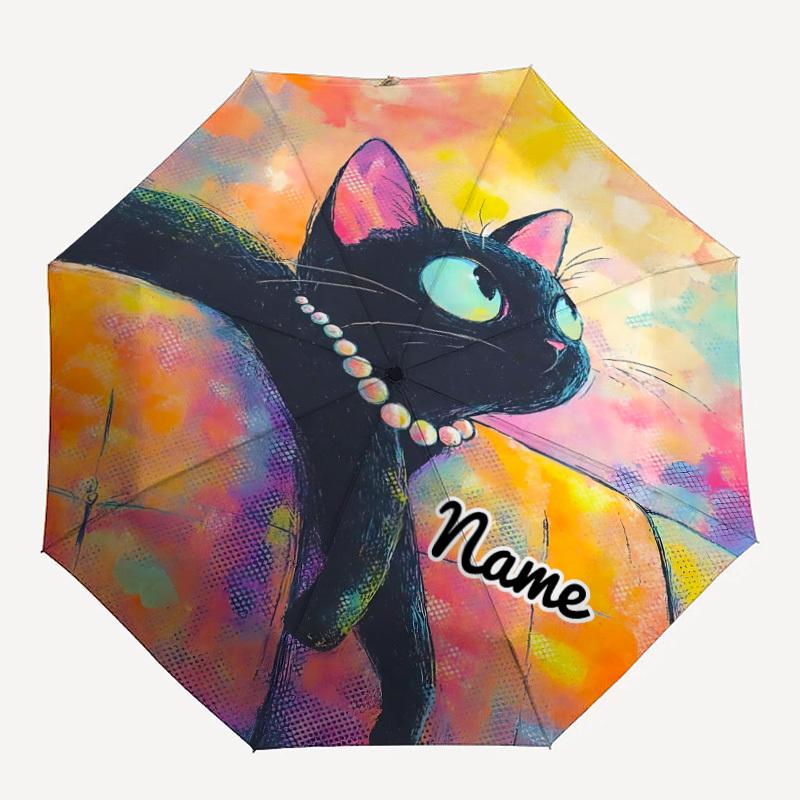 

1PC Black Cat Art Custom Name Automatic Open/Close, 8-Rib Durable Frame Compact Travel Umbrella for Men & Women D1222009