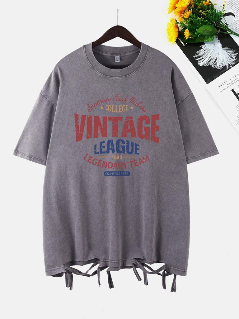 Vintage League Letter Prints Washed TShirts Women Cottontops Comfortable ONeck Oversize T Shirts Fashion Womans Streetwear