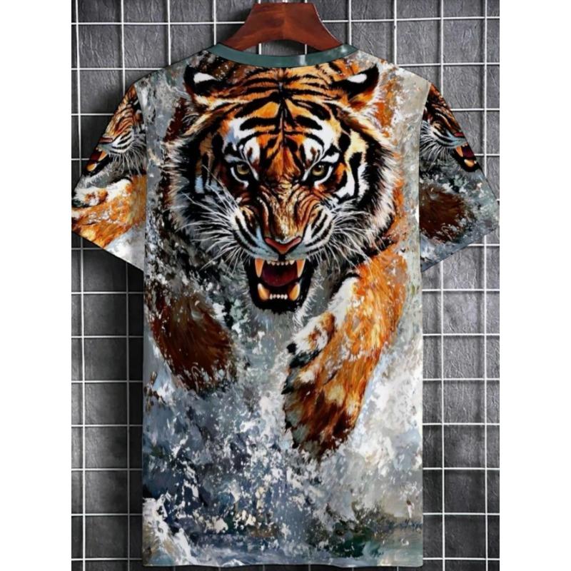 Fierce Tiger Charging 3D Graphic Tee Men's Fashion Short Sleeve T-Shirt Casual Crew Neck Summer Pullover Wild Animal King River Landscape Style Top