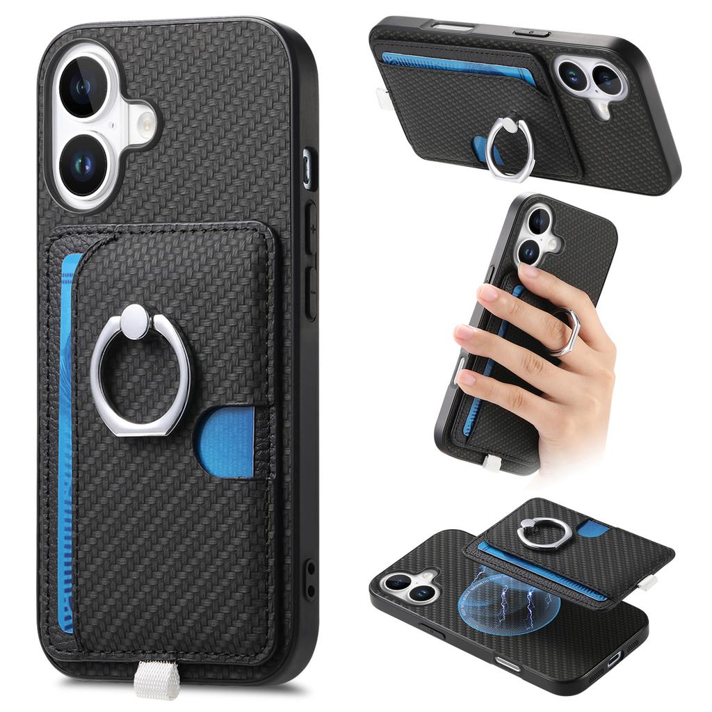 For iPhone 16 Case Ring Kickstand Leather Back Cover with Magnetic Detachable Card Holder