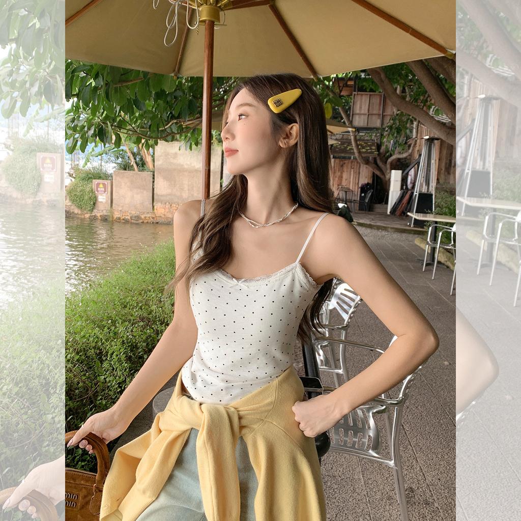 Sweet Bow Lace Suspender Vest Women's Early Autumn New Polka Dot Print Thin Shoulder Strap Top