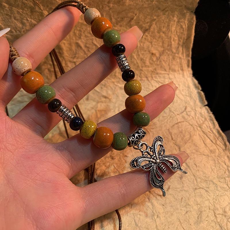 Ceramic Beaded Butterfly Pendant Necklace Female Niche Design High-end Collarbone Chain Famous Style Jewelry