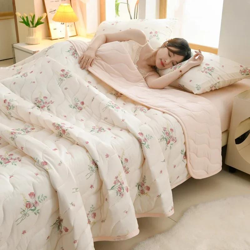 New Floral Spring Summer Quilt and Pillowcase Soft Skin-friendly Single Double Blanket Knitted Breathable Thin Comforter Duvet