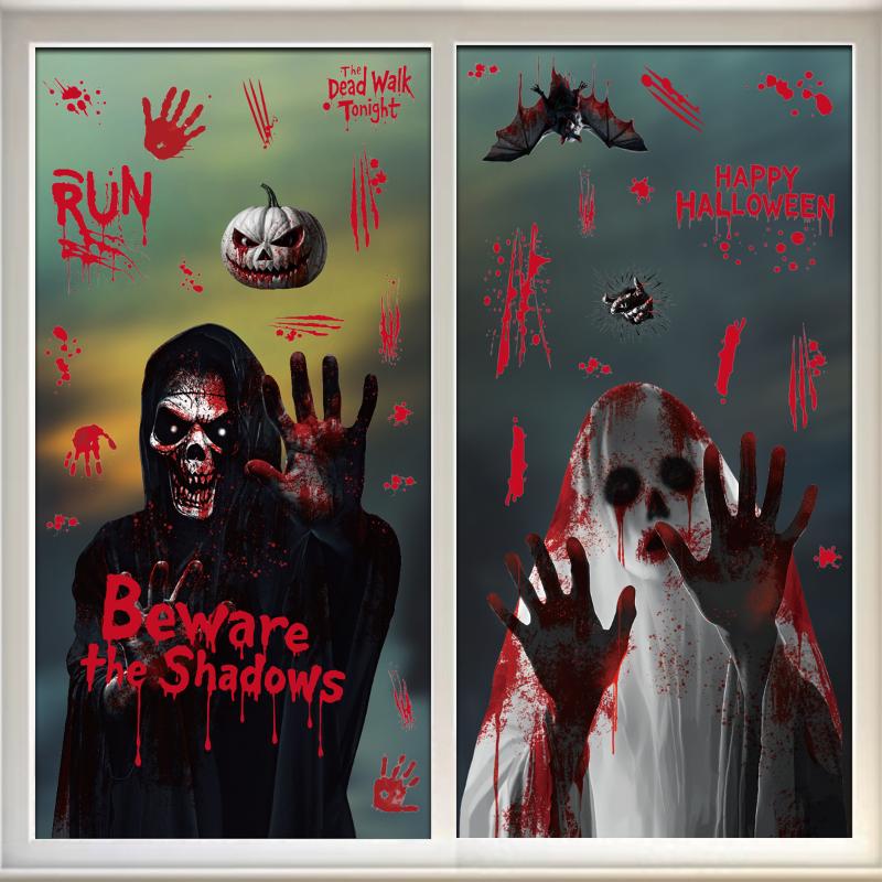 2025 Halloween Static Cling Stickers Scary Ghost Woman Bloody Handprint Window Decals For Spooky Party Home Decor