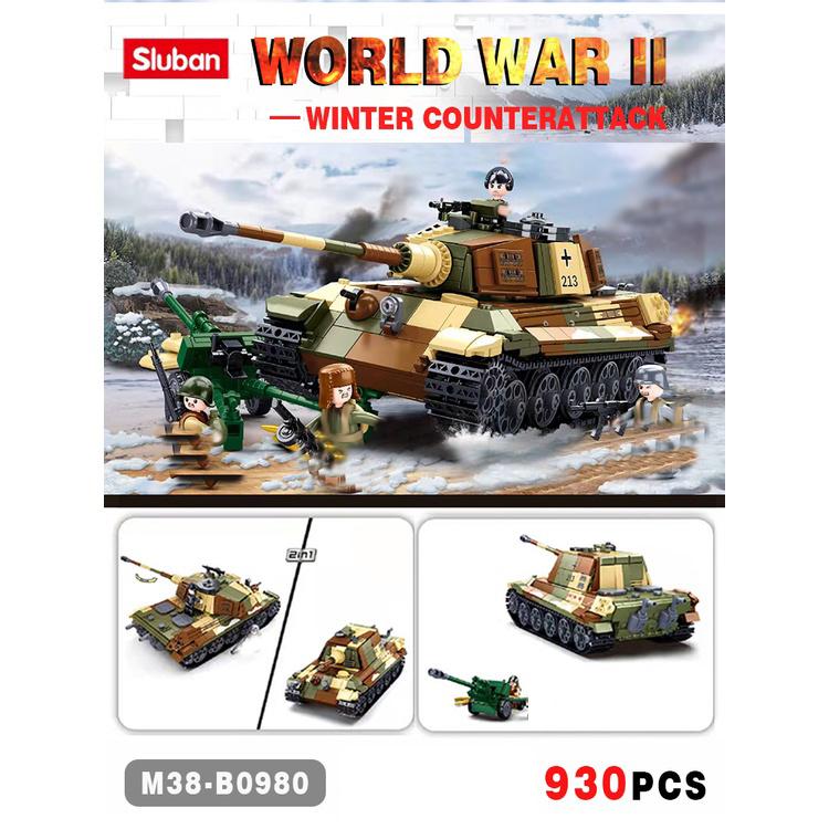 930pcs Sluban 0980 WW2 Military The King Tiger Heavey Tank Army Soldiers Building Blocks Kids Bricks Toys for Boys Gifts