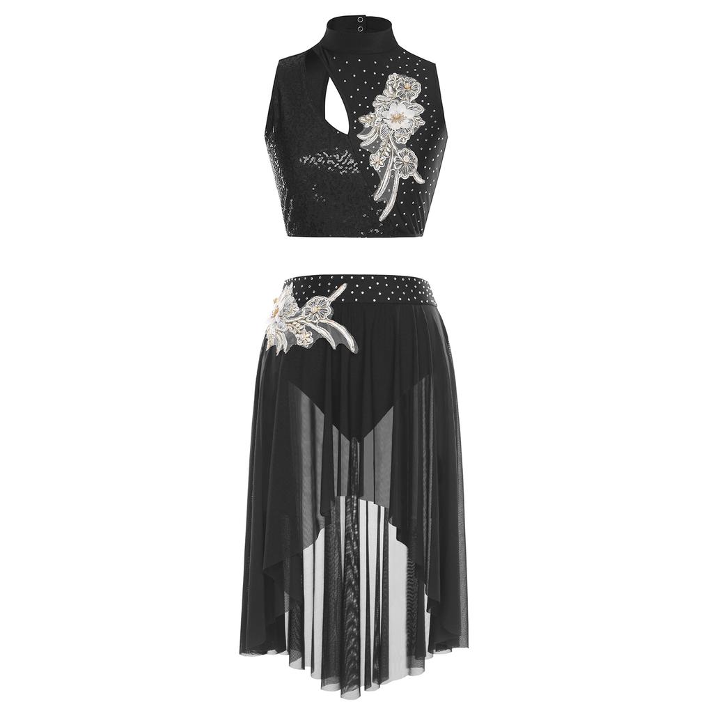 Womens Lyrical Dance Outfits Sleeveless Hollow Out Crop Top Irregular Mesh Hem Briefs Skirt Applique Dancewear Set