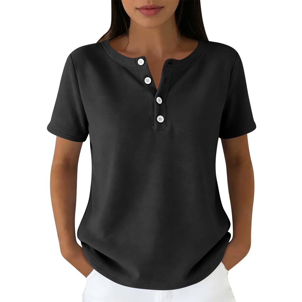Lässiges Damen-T-Shirt in verschiedenen Farben, V-Ausschnitt, kurzen Ärmeln und Zierknöpfen.