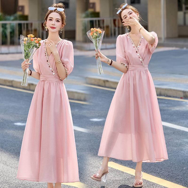 2025 Sommer Elegantes V-Ausschnitt A-Linien Kleid mit Einsätzen und hoher Taille ZQ2525