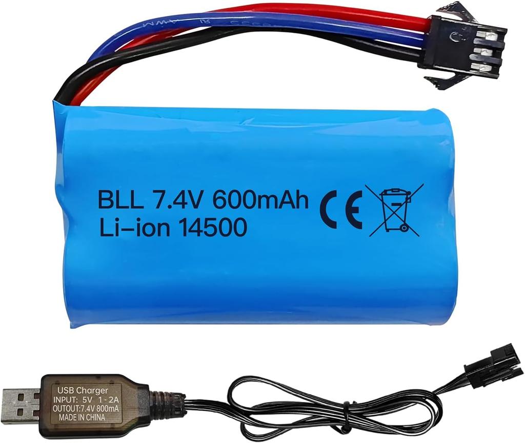 1x Li-ion Battery 7.4V 600mAh 2S with SM-3P Connector + USB Cable – Compatible with RC Car DE82, TK3086B, TK-3082B, G20601, Stunt Flip Car